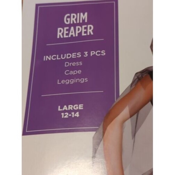 Grim Reaper Girl Large Kids Halloween Costume Skeleton Dress Cape Leggings - Picture 5 of 11